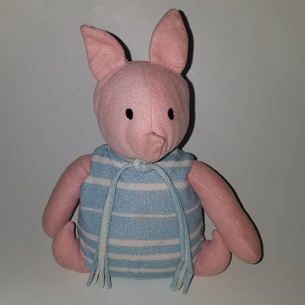 VTG Plush Pink Pig ? Blue White Striped Outfit 9" Stuffed Toy Possibly Handmade